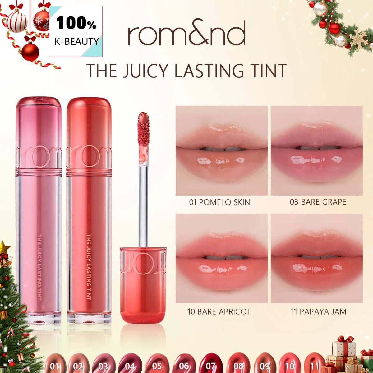 rom&nd THE JUICY LASTING TINT-11 Shades,Lightweight Hydrating,Mirror Shine Finish,Special Edition,Sparkle,K-Beauty,Korean Makeup