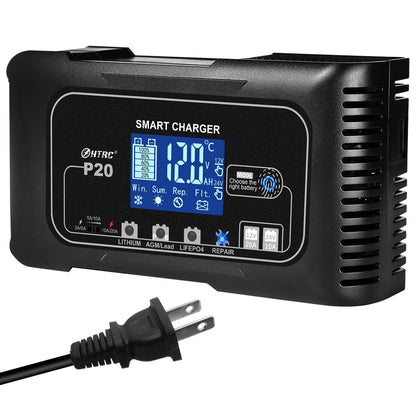 HTRC 20A 12V-24V P20 Battery Charger for Smart Car Battery Charger Repair Auto Moto Lead Acid AGM GEL PB Lithium LiFePo4 Battery