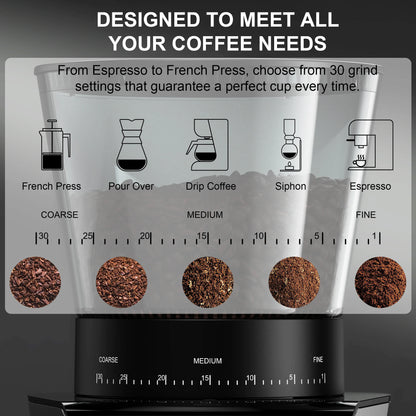 BioloMix Automatic Burr Mill Electric Coffee Grinder with 30 Gears for Espresso American Coffee Pour Over Visual Bean Storage