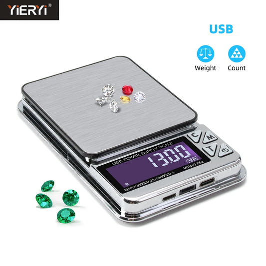 Digital Jewelry Scale High Precision 200g/1000gx0.01g Accuracy Smart Counting Gem Food Balance Kitchen Pocket Scales USB Charge
