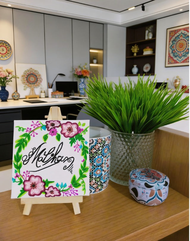 Personalised Mini Canvas Art 10x10cm with Easel | Custom Name, Birthday, Quote Gift | Handmade Canvas Painting | Islamic Calligraphy Gift | Art Bloom UK