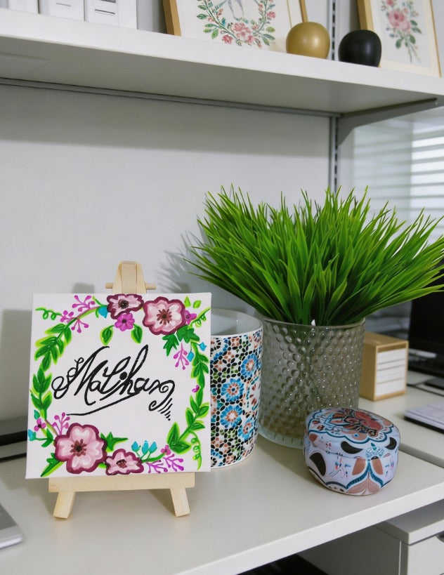 Personalised Mini Canvas Art 10x10cm with Easel | Custom Name, Birthday, Quote Gift | Handmade Canvas Painting | Islamic Calligraphy Gift | Art Bloom UK