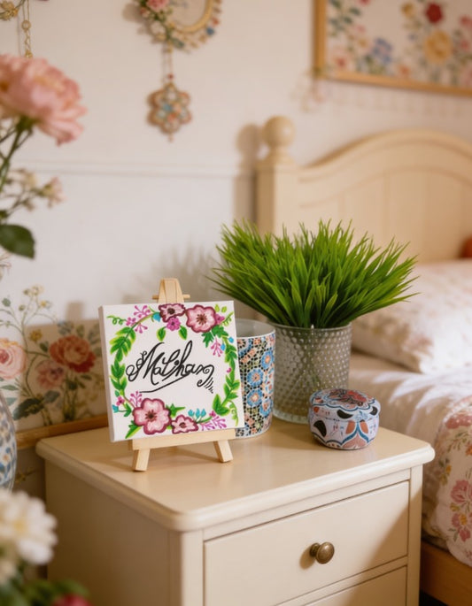 Personalised Mini Canvas Art 10x10cm with Easel | Custom Name, Birthday, Quote Gift | Handmade Canvas Painting | Islamic Calligraphy Gift | Art Bloom UK