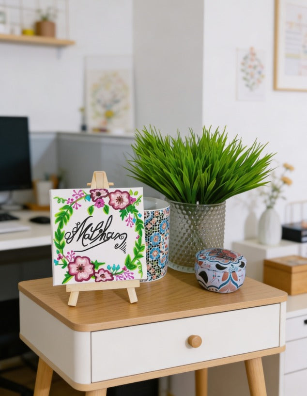 Personalised Mini Canvas Art 10x10cm with Easel | Custom Name, Birthday, Quote Gift | Handmade Canvas Painting | Islamic Calligraphy Gift | Art Bloom UK