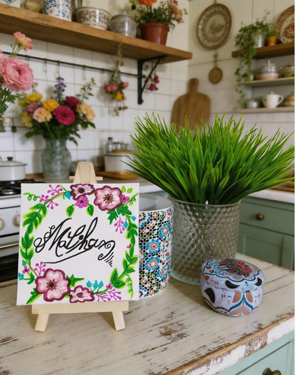 Personalised Mini Canvas Art 10x10cm with Easel | Custom Name, Birthday, Quote Gift | Handmade Canvas Painting | Islamic Calligraphy Gift | Art Bloom UK