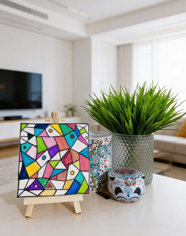 Geometric Abstract Mini Canvas Art 10x10cm with Easel | Colourful Modern Desk Art | Handmade Small Painting | Unique Gift UK | Art Bloom London