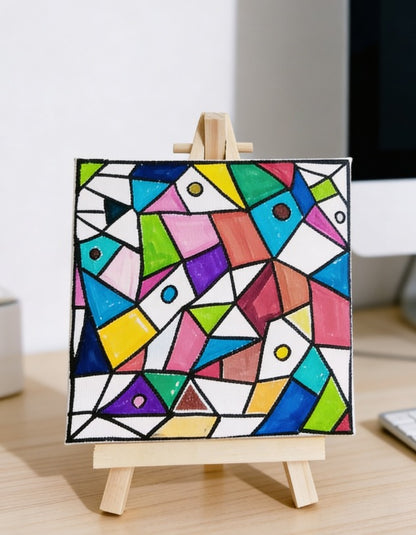 Geometric Abstract Mini Canvas Art 10x10cm with Easel | Colourful Modern Desk Art | Handmade Small Painting | Unique Gift UK | Art Bloom London