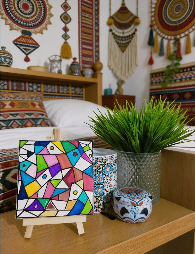Geometric Abstract Mini Canvas Art 10x10cm with Easel | Colourful Modern Desk Art | Handmade Small Painting | Unique Gift UK | Art Bloom London
