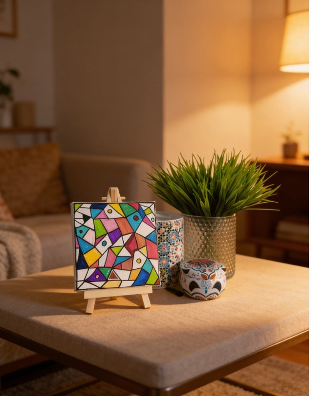 Geometric Abstract Mini Canvas Art 10x10cm with Easel | Colourful Modern Desk Art | Handmade Small Painting | Unique Gift UK | Art Bloom London