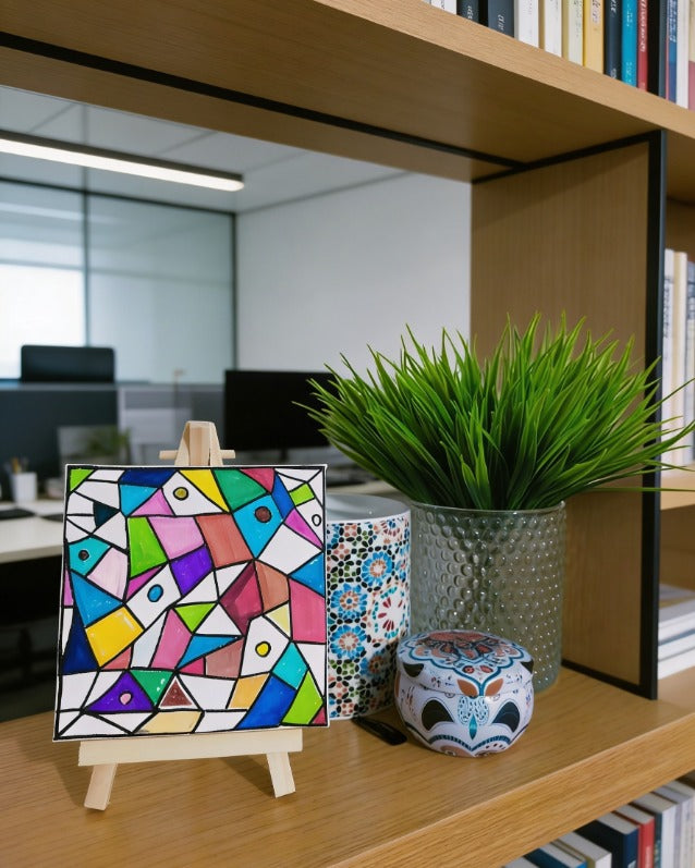 Geometric Abstract Mini Canvas Art 10x10cm with Easel | Colourful Modern Desk Art | Handmade Small Painting | Unique Gift UK | Art Bloom London