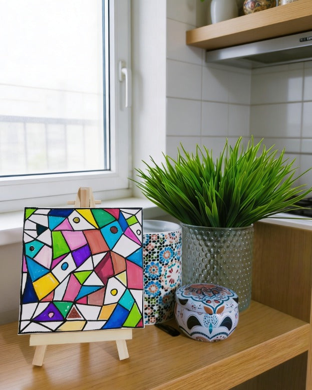 Geometric Abstract Mini Canvas Art 10x10cm with Easel | Colourful Modern Desk Art | Handmade Small Painting | Unique Gift UK | Art Bloom London