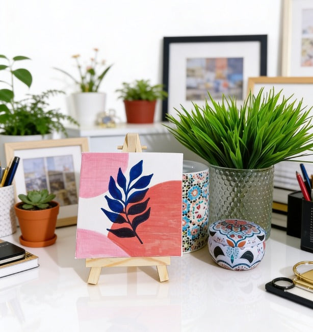 Personalised Mini Canvas Art 10x10cm with Easel | Custom Name, Quote & Gift | Handmade Abstract Leaf Artwork | Unique Personalised Gift UK | London Delivery | Art Bloom