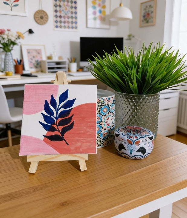 Personalised Mini Canvas Art 10x10cm with Easel | Custom Name, Quote & Gift | Handmade Abstract Leaf Artwork | Unique Personalised Gift UK | London Delivery | Art Bloom