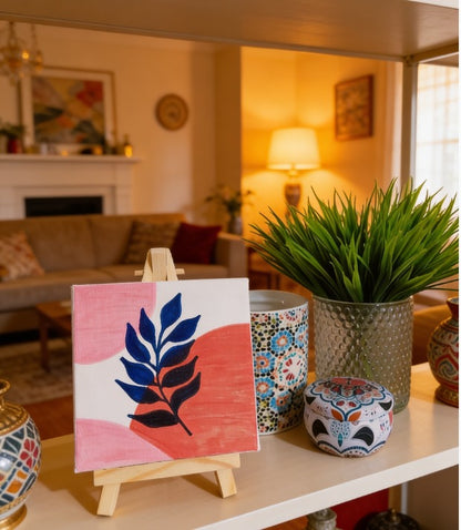 Personalised Mini Canvas Art 10x10cm with Easel | Custom Name, Quote & Gift | Handmade Abstract Leaf Artwork | Unique Personalised Gift UK | London Delivery | Art Bloom