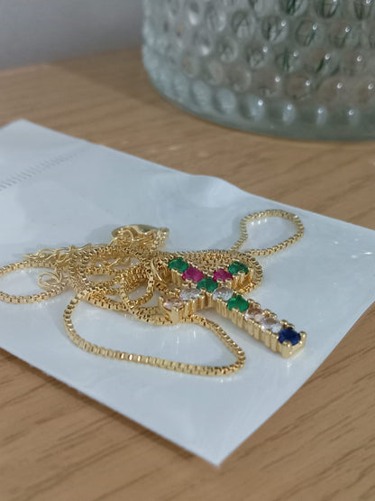 Rainbow Necklace for Women Multicolor Cubic Zirconia Round Pendant Necklace Gold Plated Charm Jewelry Adjustable Long Chain Birthday Party Gift