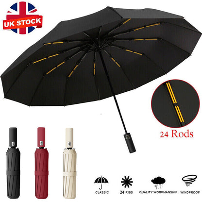 Extra Strength Foldable 24 Rods Umbrella Fully Automatic Large UV Protect Rain