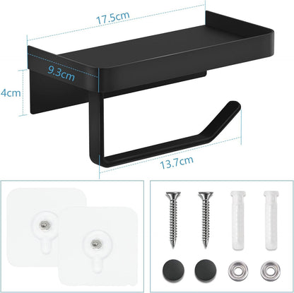 Black 2 In 1 Toilet Roll Holder With Shelf Wall Mounted Or Self Adhesive