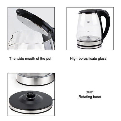 2L Electric Kettle Glass 360 Blue LED Illuminated Portable Jug Protection 1800W