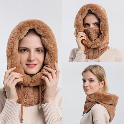 Slouchy Fleece Beanie Hats Scarf Mask Warmer Hooded Winter Pullover Knitted Hat
