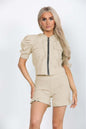 Front Pocket Zip Up Suit Ribbed Hooded Lounge Wear Short Set