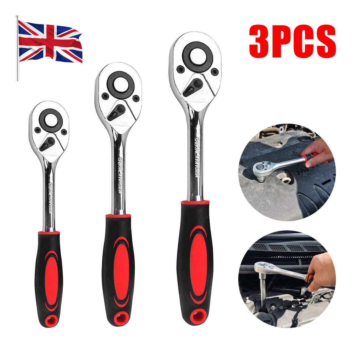 3 Piece 1 2  3  8  & 1  4  Ratchet Set Drive Heavy Duty Ratchet Socket UK