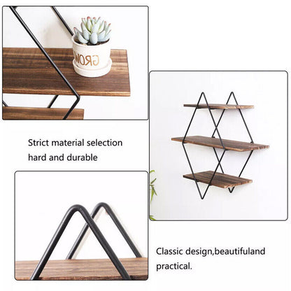 3 Tiered Floating Wall Mounted Display Shelf Wooden Shelves Black Frame Shelving