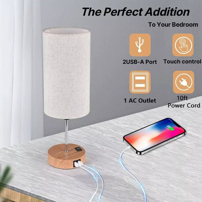 Touch Control Bedside Lamps, 3-Way Dimmable Table Lamp With USB Charging Ports