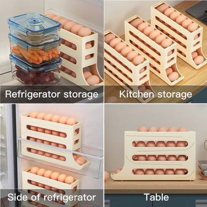 4-Tiers Auto Rolling Egg Dispenser, Space-Saving Egg Holder For Fridge And Countertop, Durable Plastic Kitchen Egg Organizer