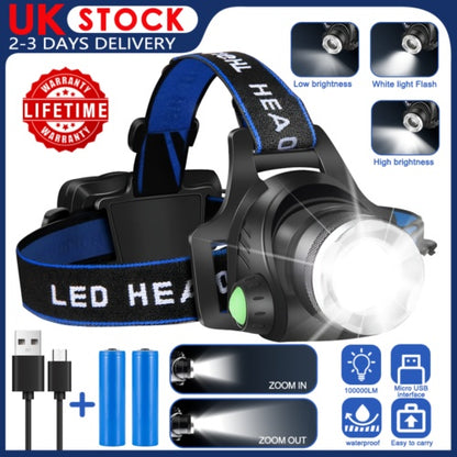 T6 Headlamp Rechargeable 350000LM LED Zoom Headlight Head Torch USB Line UK