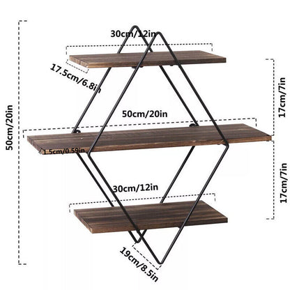 3 Tiered Floating Wall Mounted Display Shelf Wooden Shelves Black Frame Shelving