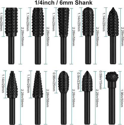 10PCS Wood Carving Rasp File Drill Bit, 1 -4inch Shank Rotary Burr Power Carving Tools For Wood Engraving Grinding