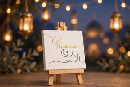 Eid Mubarak Mini Canvas with Wooden Easel – Islamic Eid Gift & Home Décor
