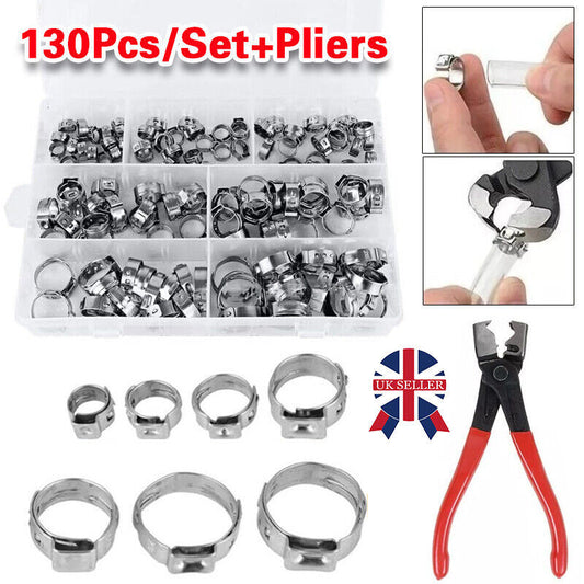 130x Single Ear Hose Clamps Assorted Stainless Steel O Fuel Pipe Clip Hose Plier