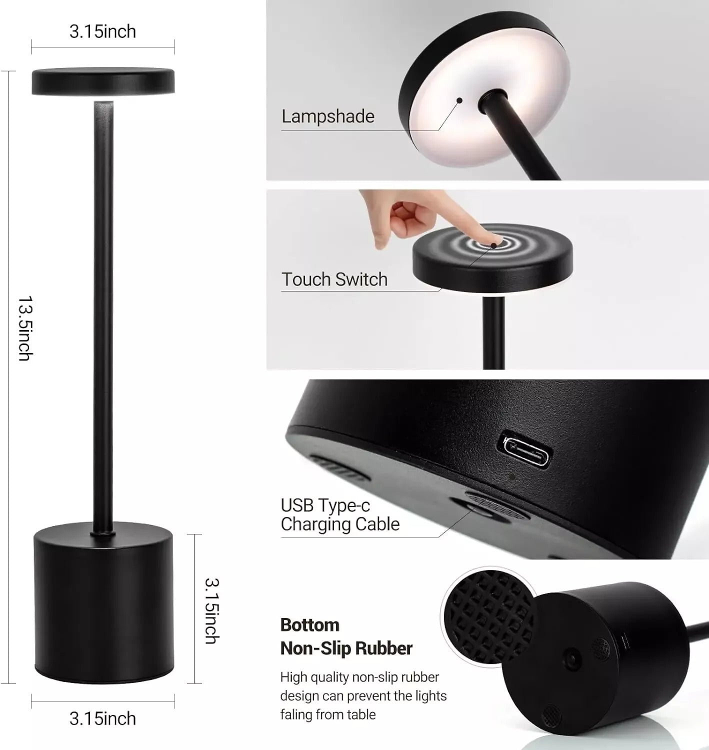 Touch Control Metal Table Desk Lamp Rechargeable Cordless Dimmable Light Black