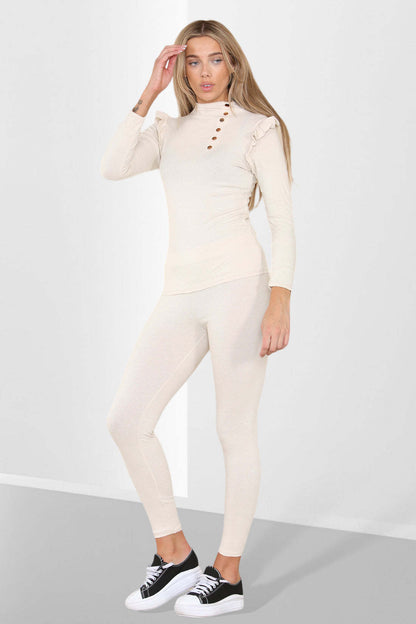 Side Buttons Frill Shoulder Side Neck Gold Button Detail Two Piece Loungewear Set