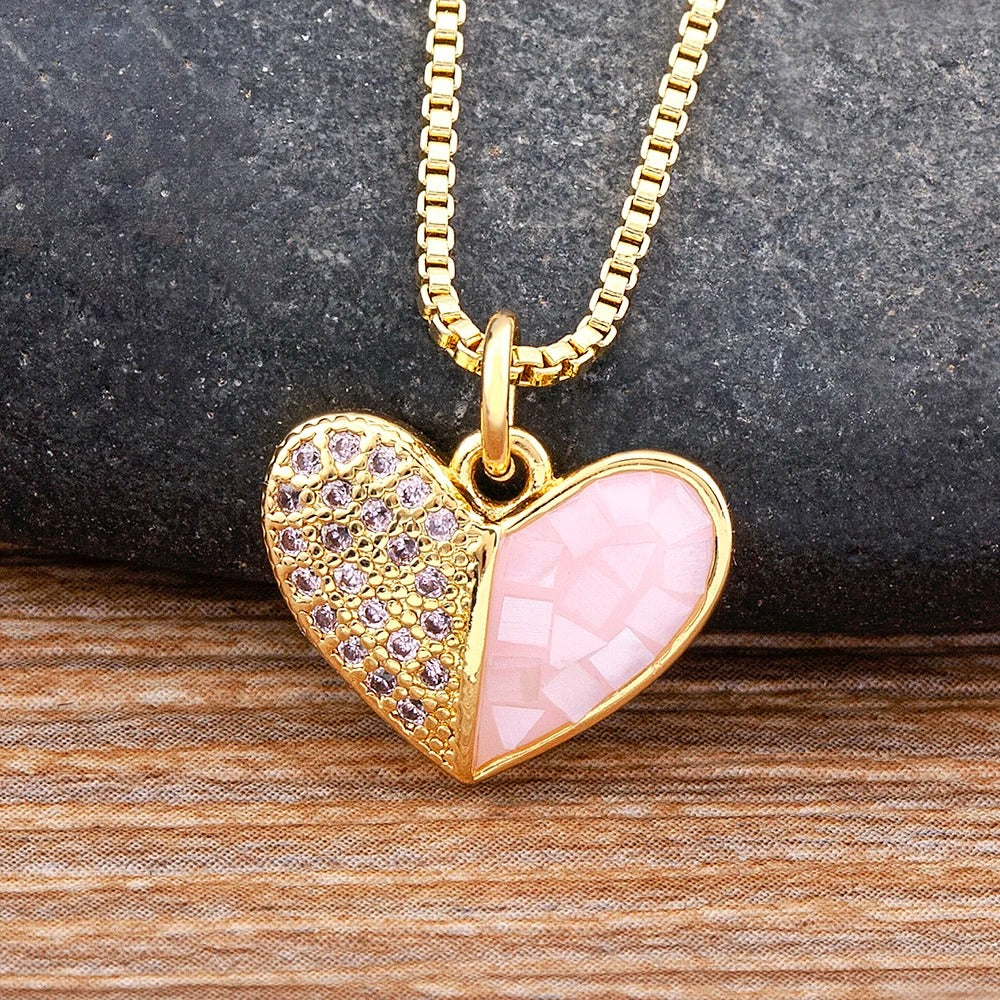 Heart Pendant Necklace for Women Pink Shell Crystal Zircon Gold Plated Romantic Jewelry Adjustable Chain Wedding Gift for Her Elegant Fashion Necklace