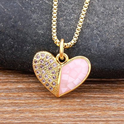 Heart Pendant Necklace for Women Pink Shell Crystal Zircon Gold Plated Romantic Jewelry Adjustable Chain Wedding Gift for Her Elegant Fashion Necklace