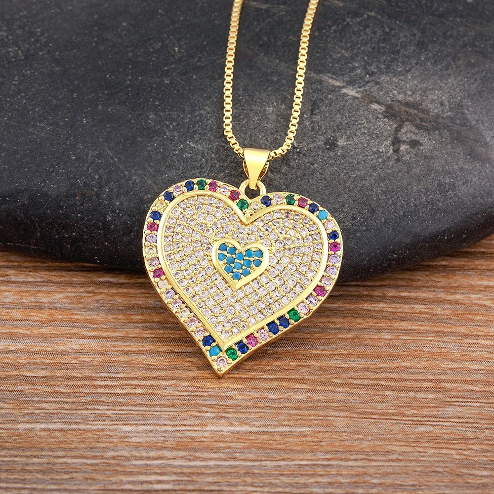 Heart Pendant Necklace for Women Colorful Cubic Zirconia CZ Necklace Gold Plated Romantic Heart Charm Jewelry Adjustable Chain Wedding Party Gift
