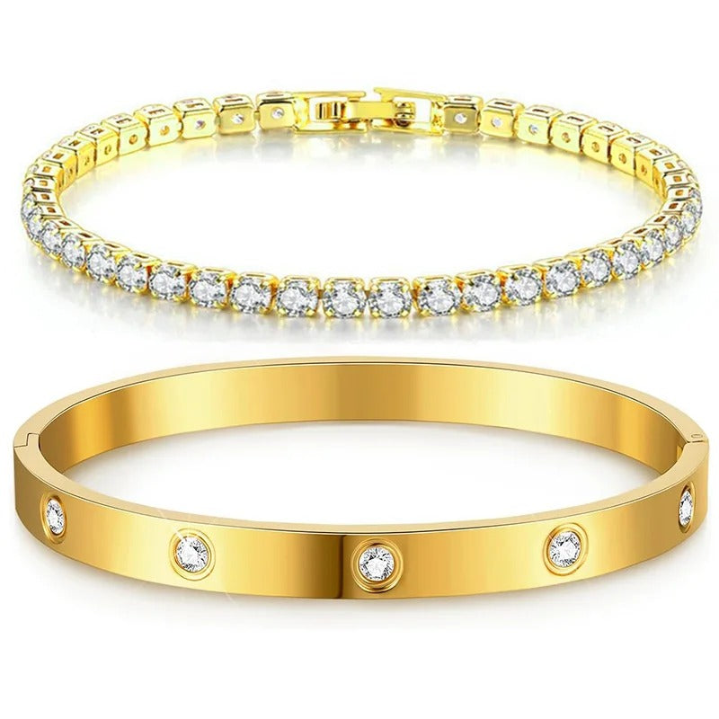 Stackable Gold Bracelet Set for Women 14K Gold Plated Tennis Bracelet & Bangle Stainless Steel Cubic Zirconia CZ Bracelet Jewelry Gift for Her