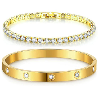 Stackable Gold Bracelet Set for Women 14K Gold Plated Tennis Bracelet & Bangle Stainless Steel Cubic Zirconia CZ Bracelet Jewelry Gift for Her