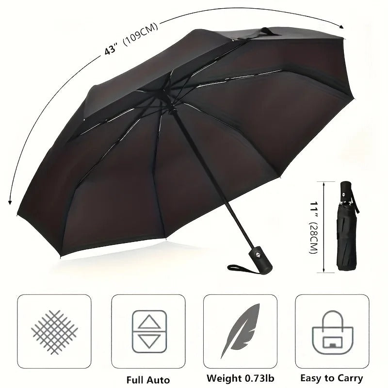 Automatic Folding Umbrella Compact Windproof Travel Umbrella One Touch Open Close 8 Rib Strong Frame Waterproof Rain Umbrella for Men Women Black