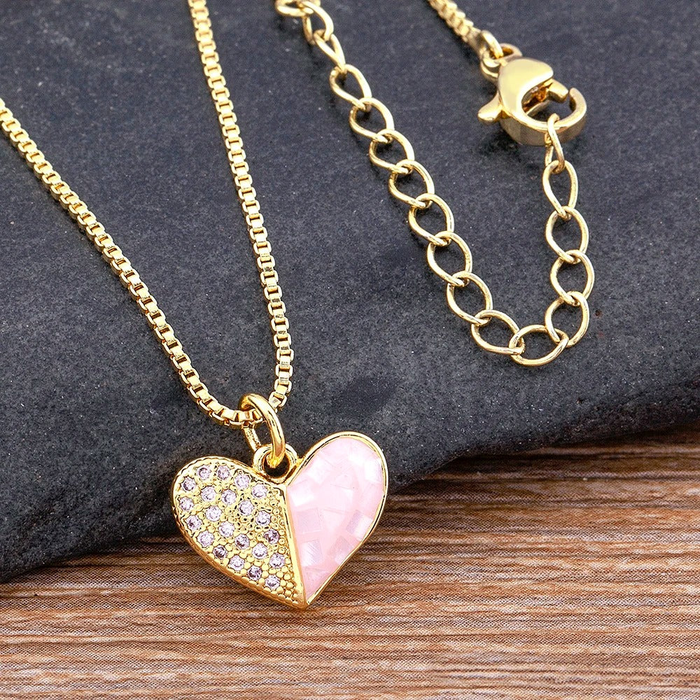 Heart Pendant Necklace for Women Pink Shell Crystal Zircon Gold Plated Romantic Jewelry Adjustable Chain Wedding Gift for Her Elegant Fashion Necklace
