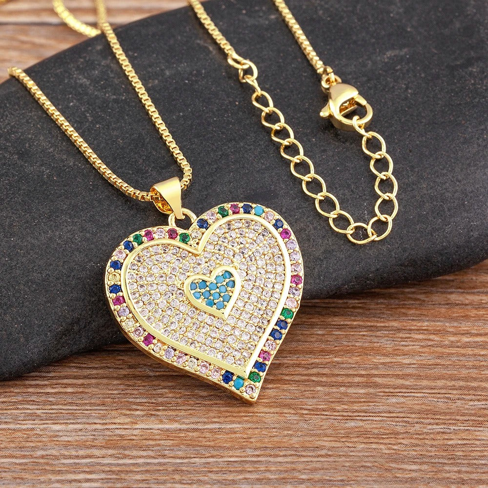 Heart Pendant Necklace for Women Colorful Cubic Zirconia CZ Necklace Gold Plated Romantic Heart Charm Jewelry Adjustable Chain Wedding Party Gift