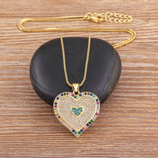 Heart Pendant Necklace for Women Colorful Cubic Zirconia CZ Necklace Gold Plated Romantic Heart Charm Jewelry Adjustable Chain Wedding Party Gift