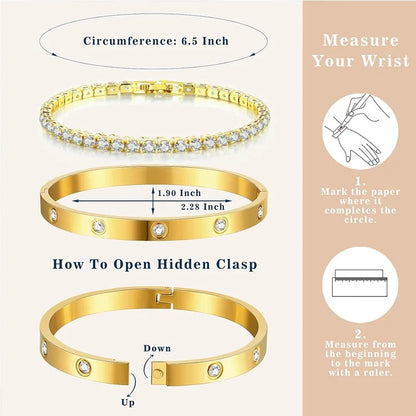 Stackable Gold Bracelet Set for Women 14K Gold Plated Tennis Bracelet & Bangle Stainless Steel Cubic Zirconia CZ Bracelet Jewelry Gift for Her