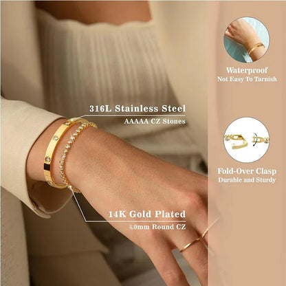 Stackable Gold Bracelet Set for Women 14K Gold Plated Tennis Bracelet & Bangle Stainless Steel Cubic Zirconia CZ Bracelet Jewelry Gift for Her
