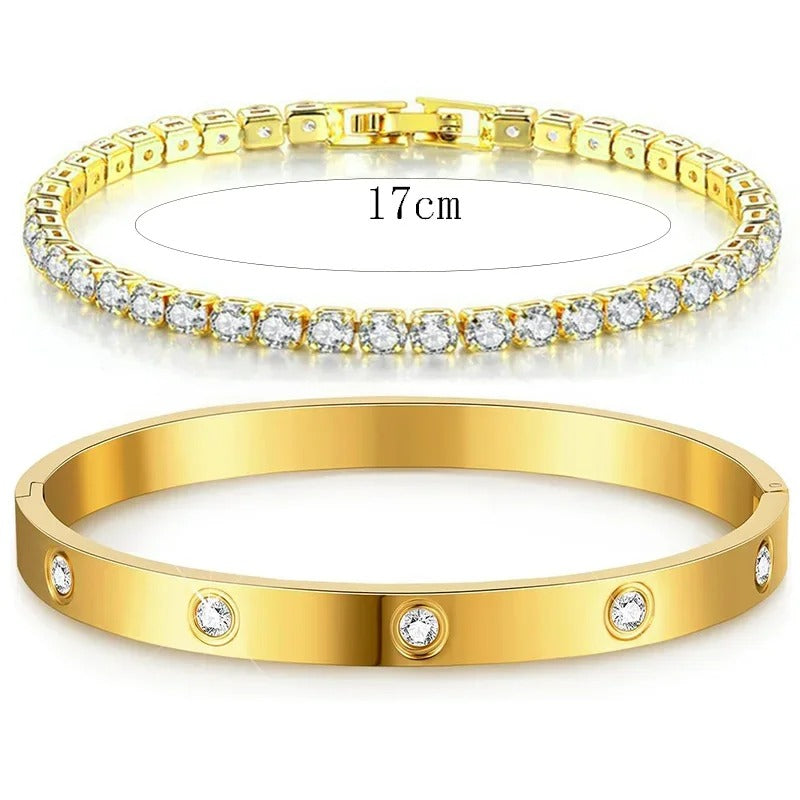 Stackable Gold Bracelet Set for Women 14K Gold Plated Tennis Bracelet & Bangle Stainless Steel Cubic Zirconia CZ Bracelet Jewelry Gift for Her