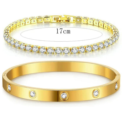 Stackable Gold Bracelet Set for Women 14K Gold Plated Tennis Bracelet & Bangle Stainless Steel Cubic Zirconia CZ Bracelet Jewelry Gift for Her